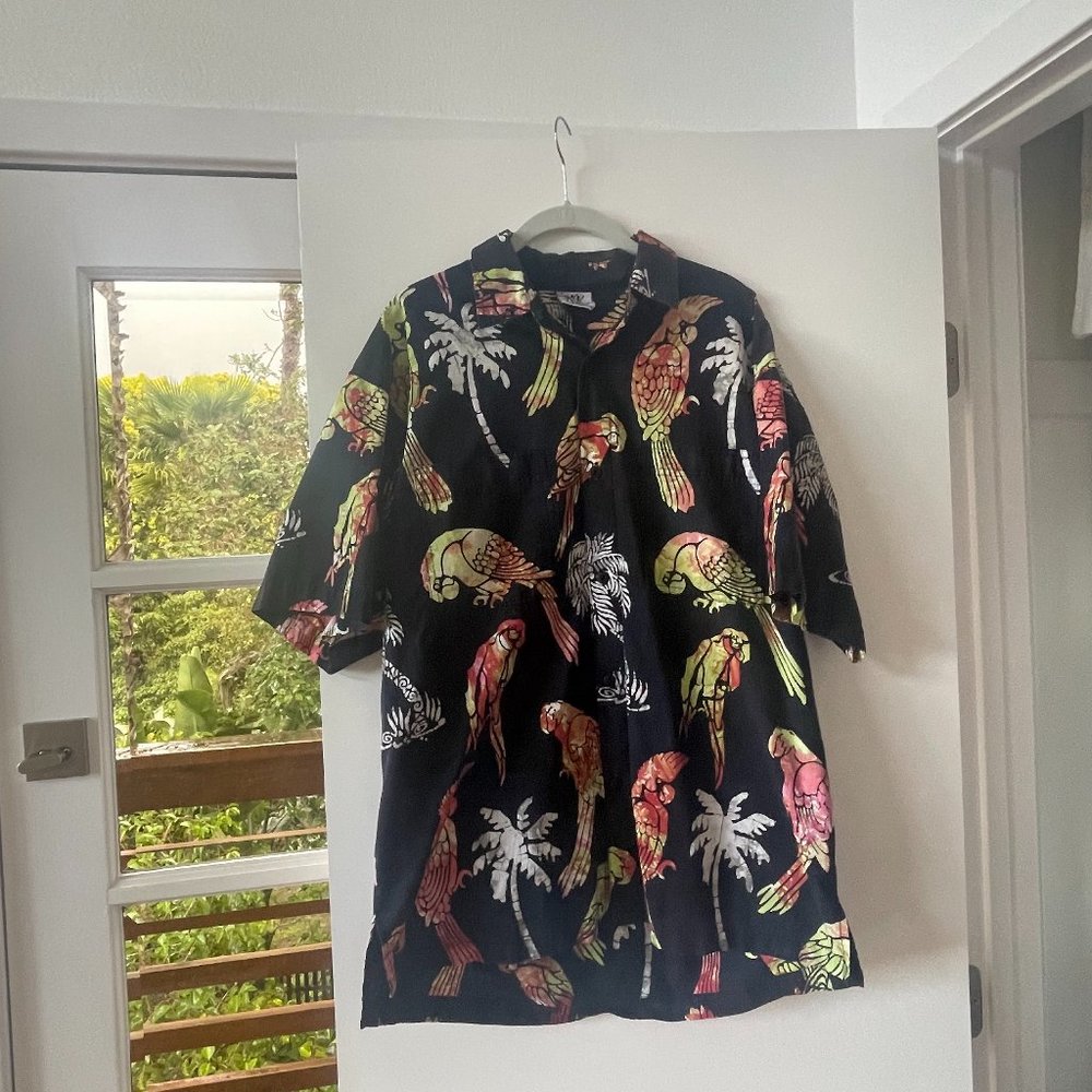 Rum Reggae Parrot and Palm Tree Cabana‎ Shirt, Short-Sleeve, Button-Up, Size Lar